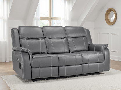 Galaxy Tech Electric Recliner 3-Seater Sofa, Grey Leather, USB Ports & Storage