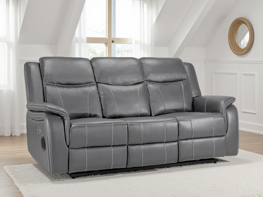Galaxy Tech Electric Recliner 3-Seater Sofa, Grey Leather, USB Ports & Storage
