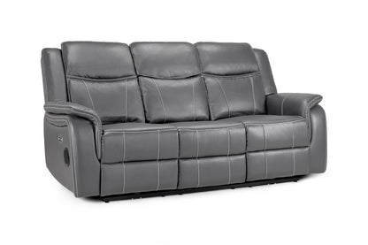 Galaxy Tech Electric Recliner 3-Seater Sofa, Grey Leather, USB Ports & Storage