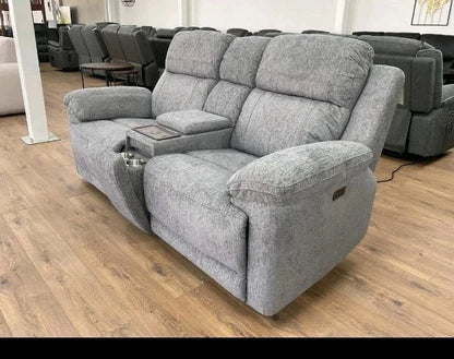 Owen Electric Recliner 2-Seater Sofa: Beige or Grey Fabric, Wireless Charging & Cupholders